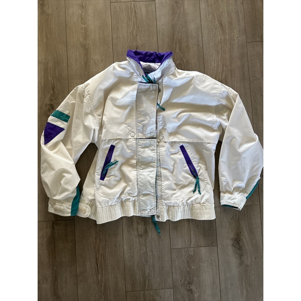 Vtg 90'sWindbreaker CABIN CREEK Women's Jacket‎ Zip-Up Large White Purple Teal